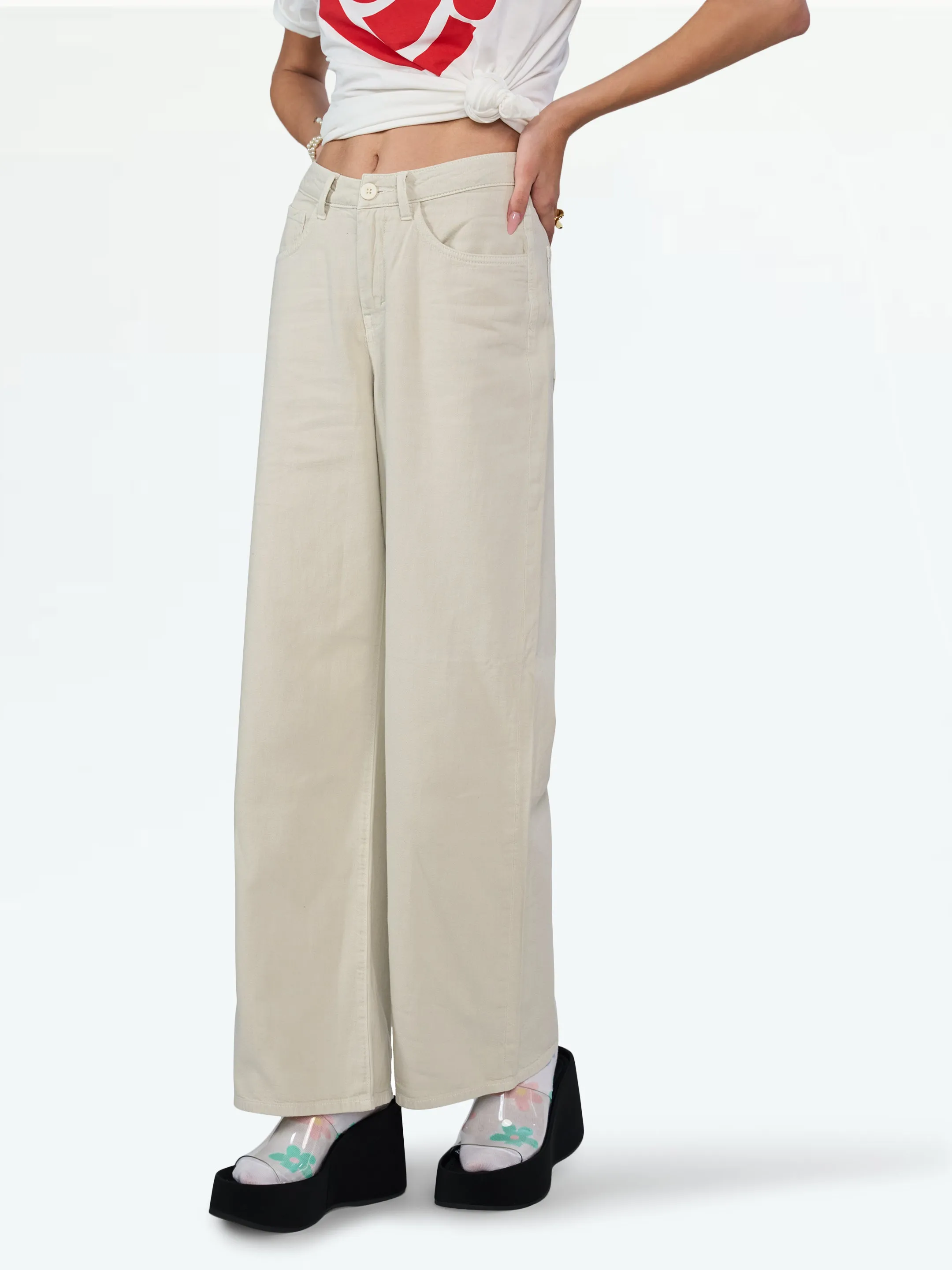 Basic Wide Leg Beige Jeans