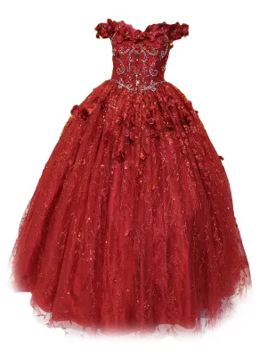 Big Girls Burgundy Rhinestone Flower Applique Off Shoulder Ball Gown 8-16