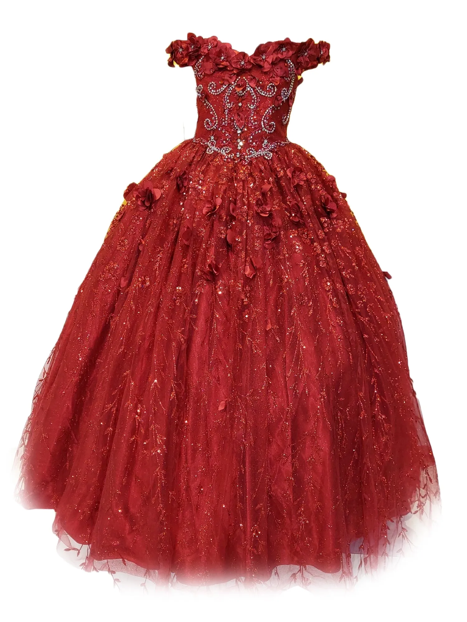 Big Girls Burgundy Rhinestone Flower Applique Off Shoulder Ball Gown 8-16