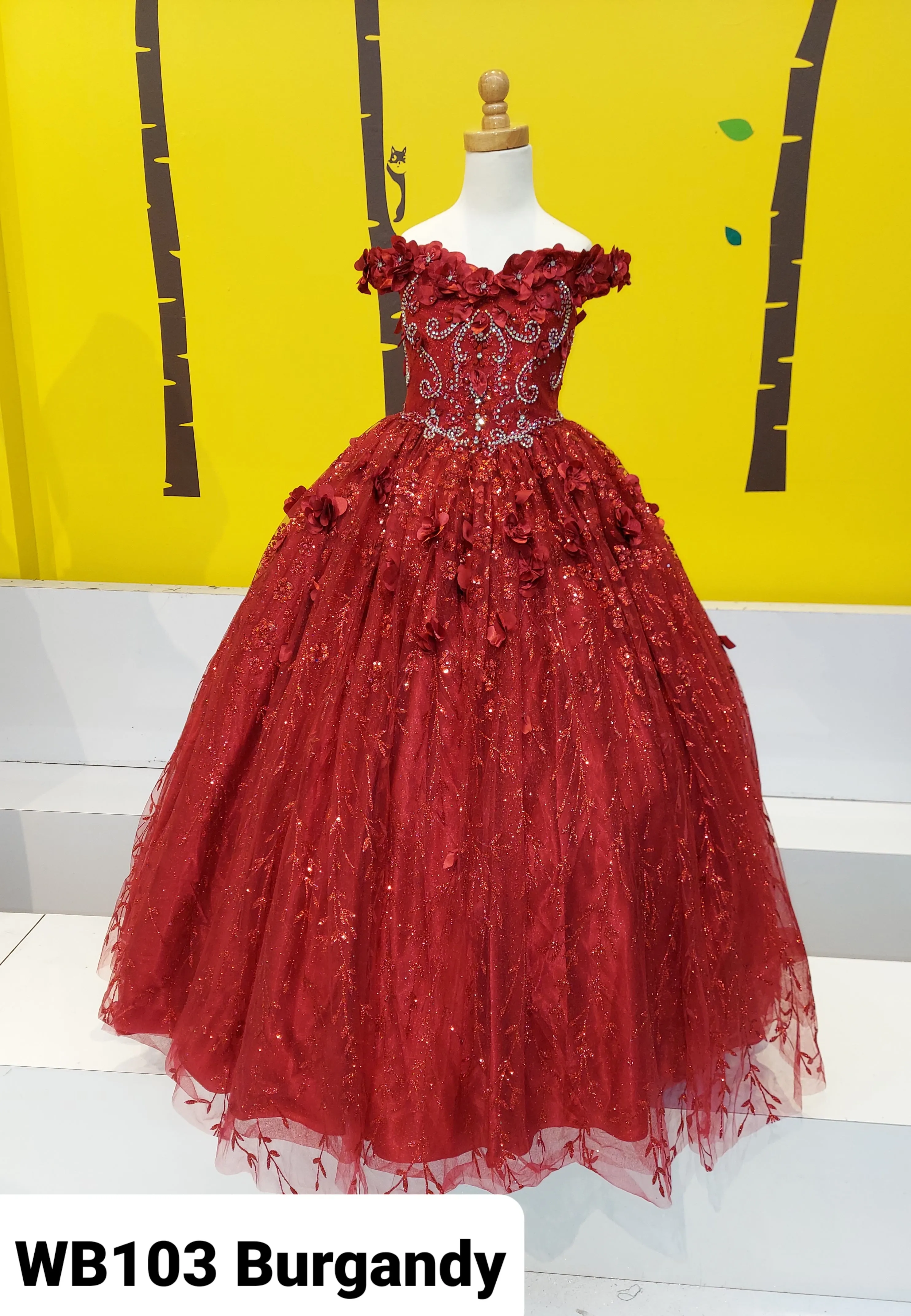 Big Girls Burgundy Rhinestone Flower Applique Off Shoulder Ball Gown 8-16