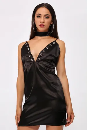 Black Plunge Neck Sateen Shift Dress With Eyelets