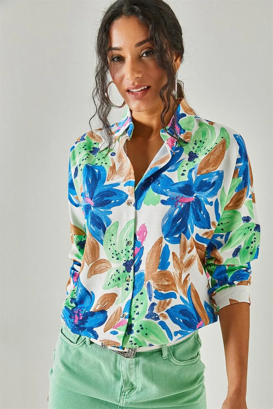 Blue Colorful Floral Linen Blouse