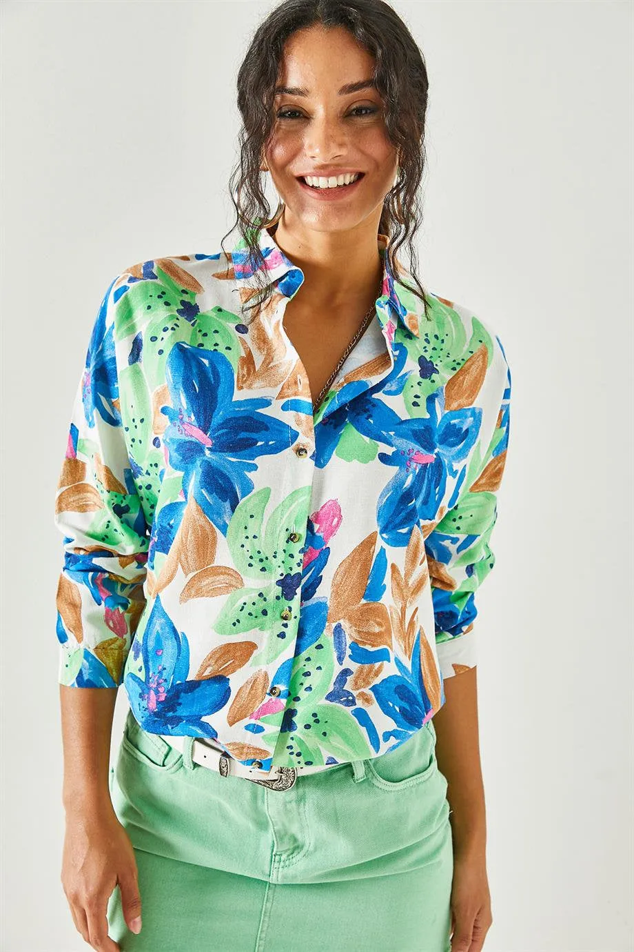 Blue Colorful Floral Linen Blouse