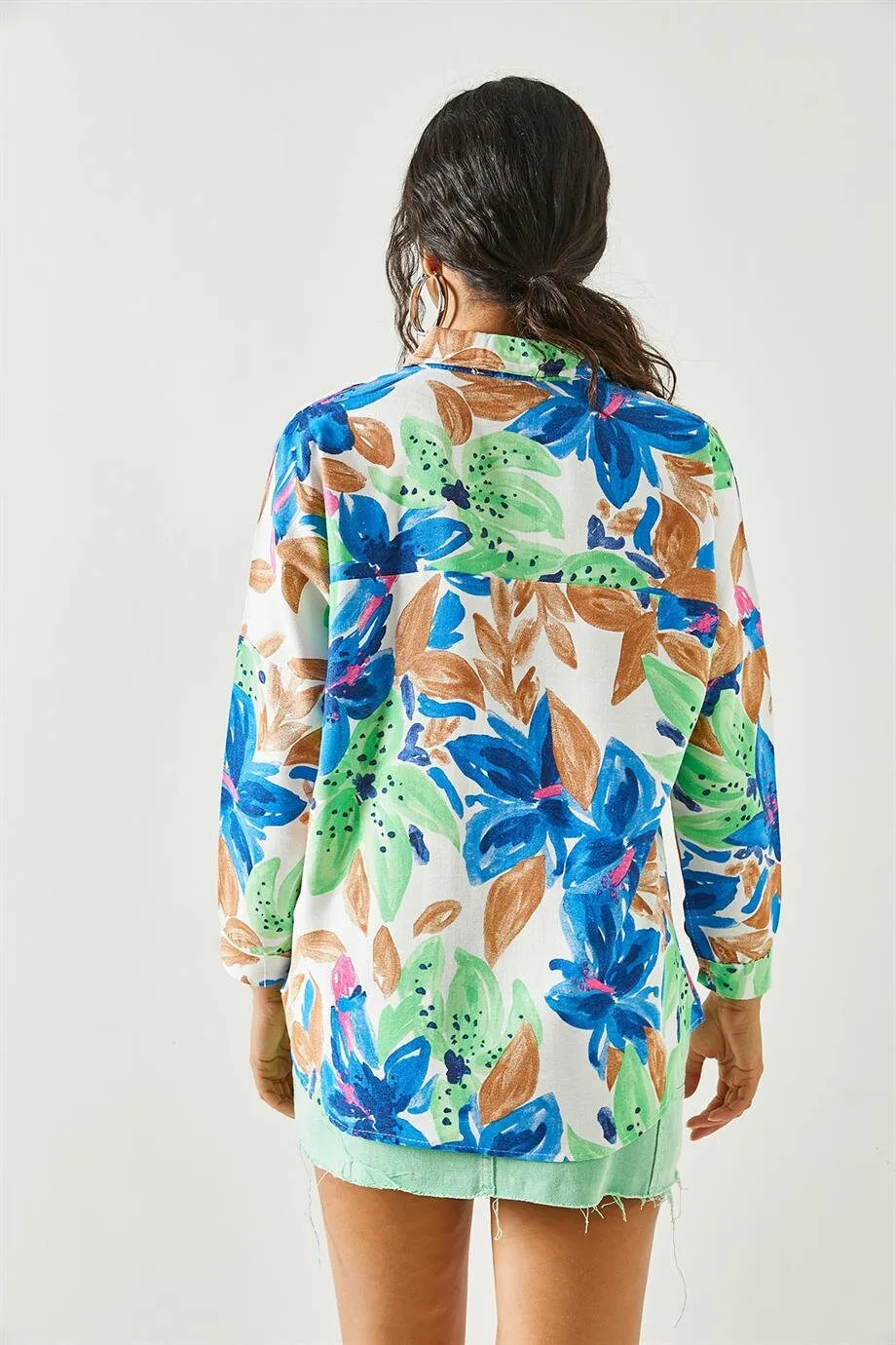 Blue Colorful Floral Linen Blouse
