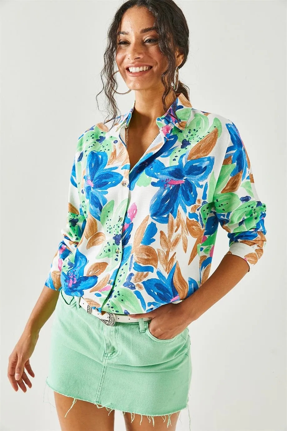 Blue Colorful Floral Linen Blouse