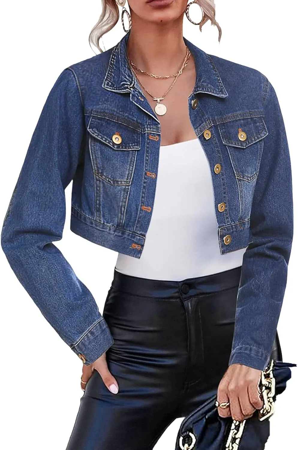 Cropped Jean Jacket for Women Long Sleeve Classic Casual Crop Top Denim Jackets Coat