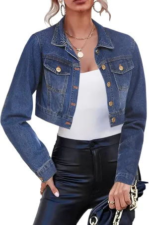 Cropped Jean Jacket for Women Long Sleeve Classic Casual Crop Top Denim Jackets Coat