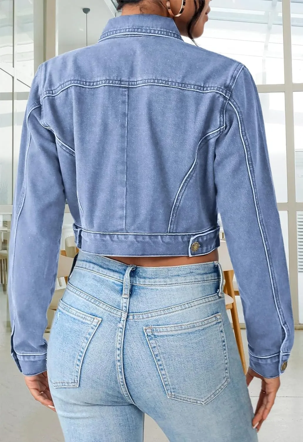 Cropped Jean Jacket for Women Long Sleeve Classic Casual Crop Top Denim Jackets Coat