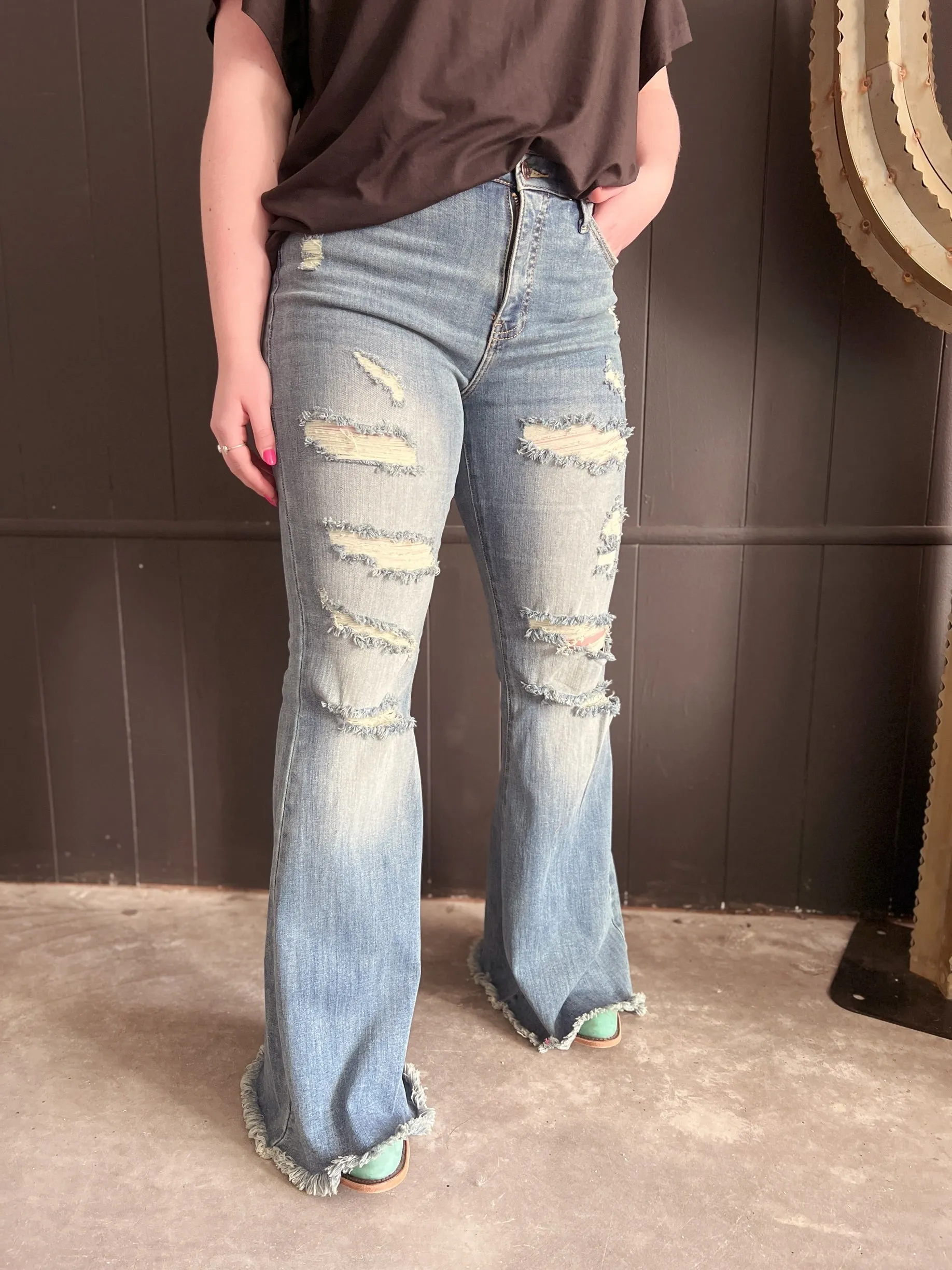 High Rise Tummy Control Distressed Flare Jeans