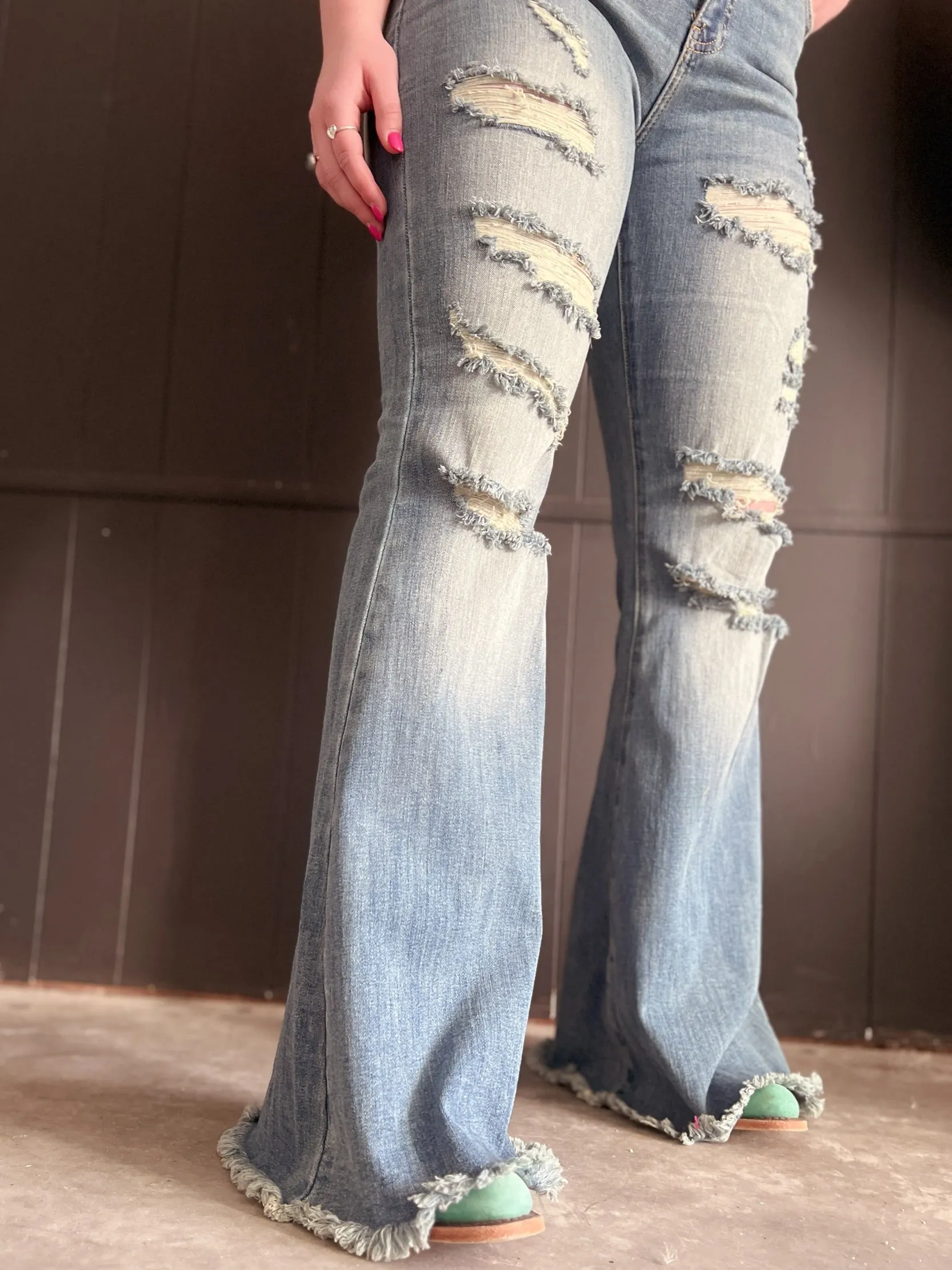 High Rise Tummy Control Distressed Flare Jeans