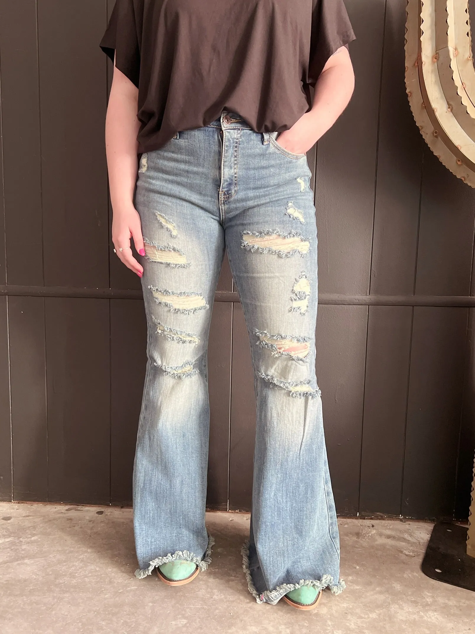 High Rise Tummy Control Distressed Flare Jeans