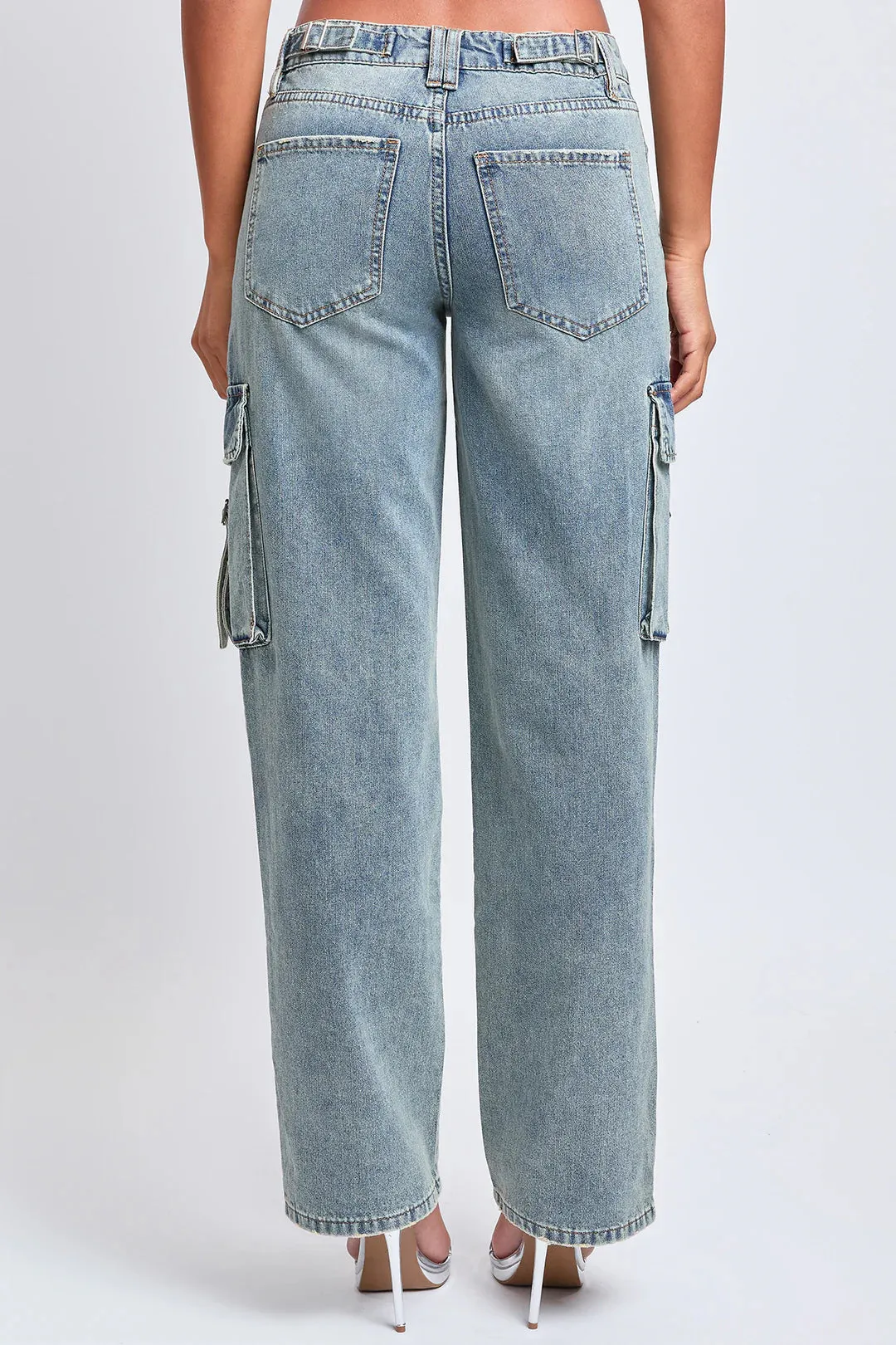 HIRISE ADJUSTABLE WAIST CARGO STRAIGHT LEG JEANS WITH FRONT SEAM DETAIL