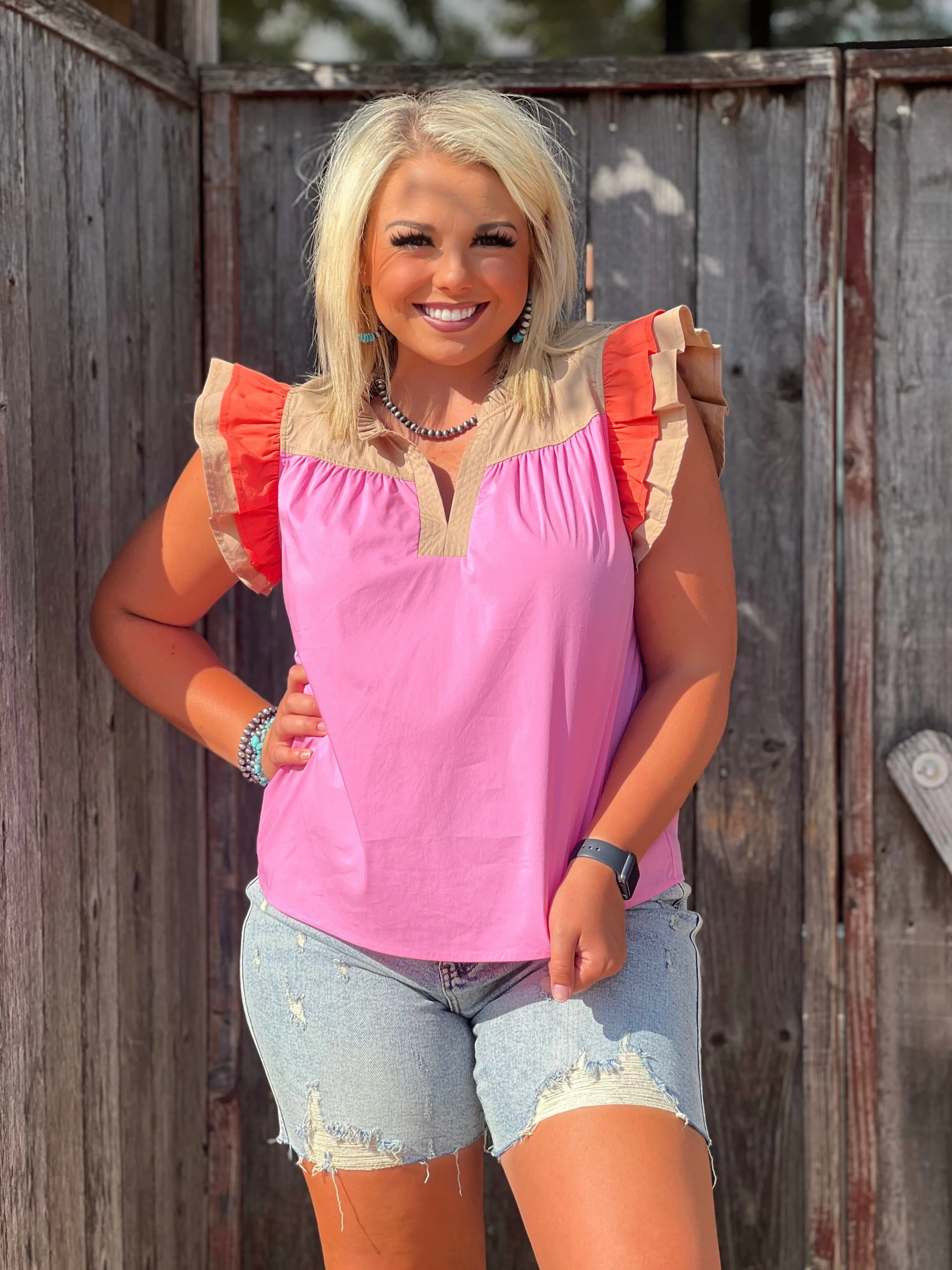 Julia Tan and Pink Colorblock Blouse
