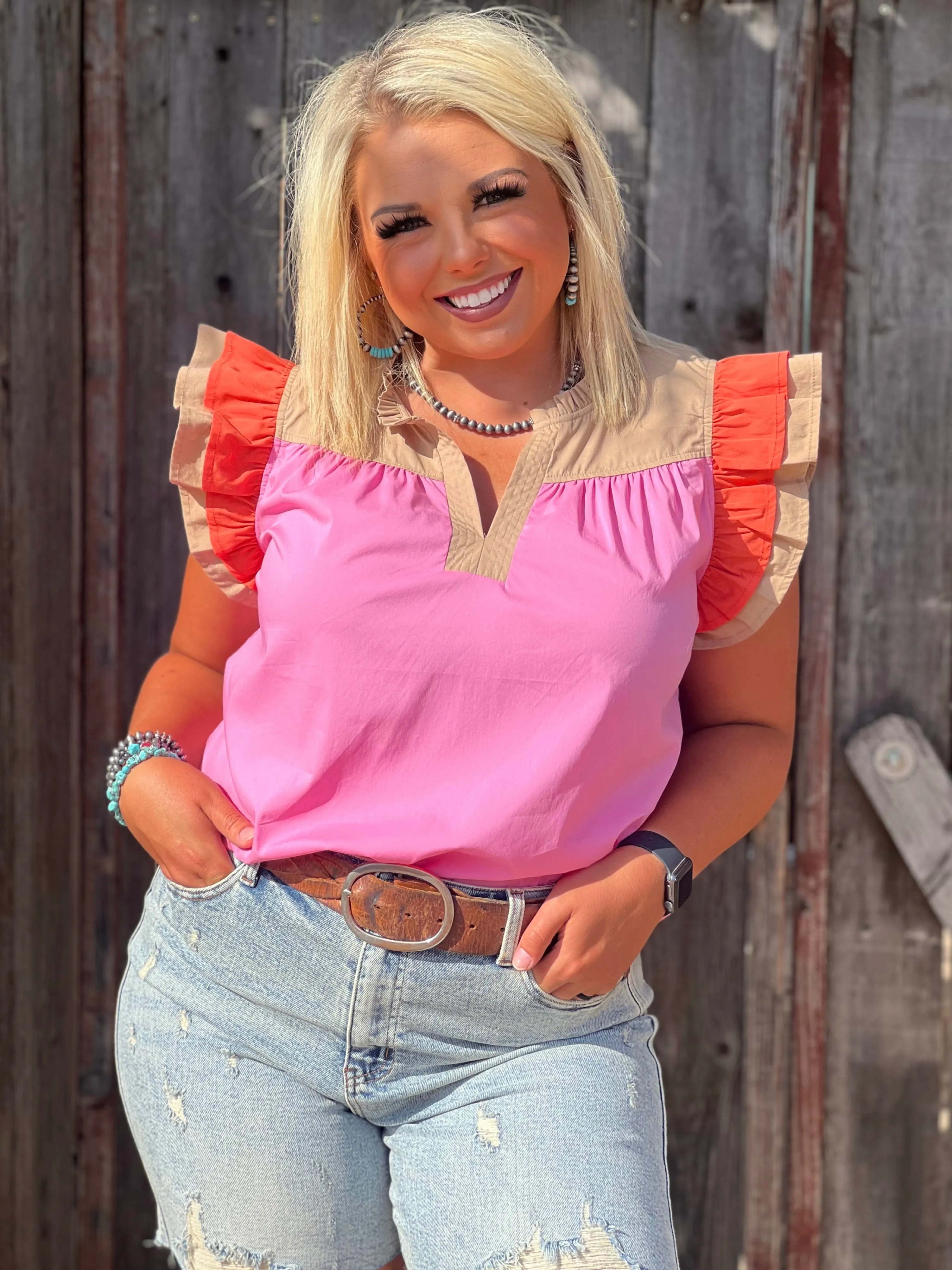 Julia Tan and Pink Colorblock Blouse