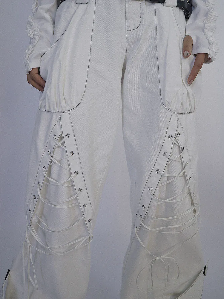Lace-up Wide-leg men's-like Sporty Pants
