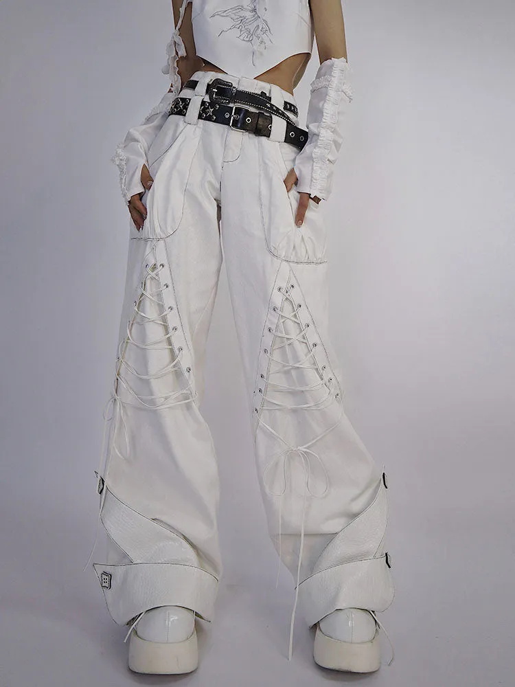 Lace-up Wide-leg men's-like Sporty Pants