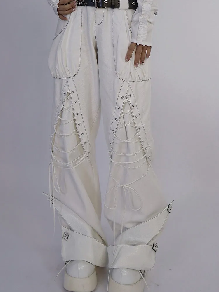Lace-up Wide-leg men's-like Sporty Pants