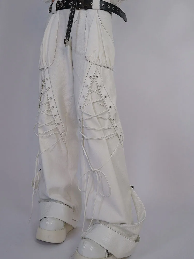Lace-up Wide-leg men's-like Sporty Pants