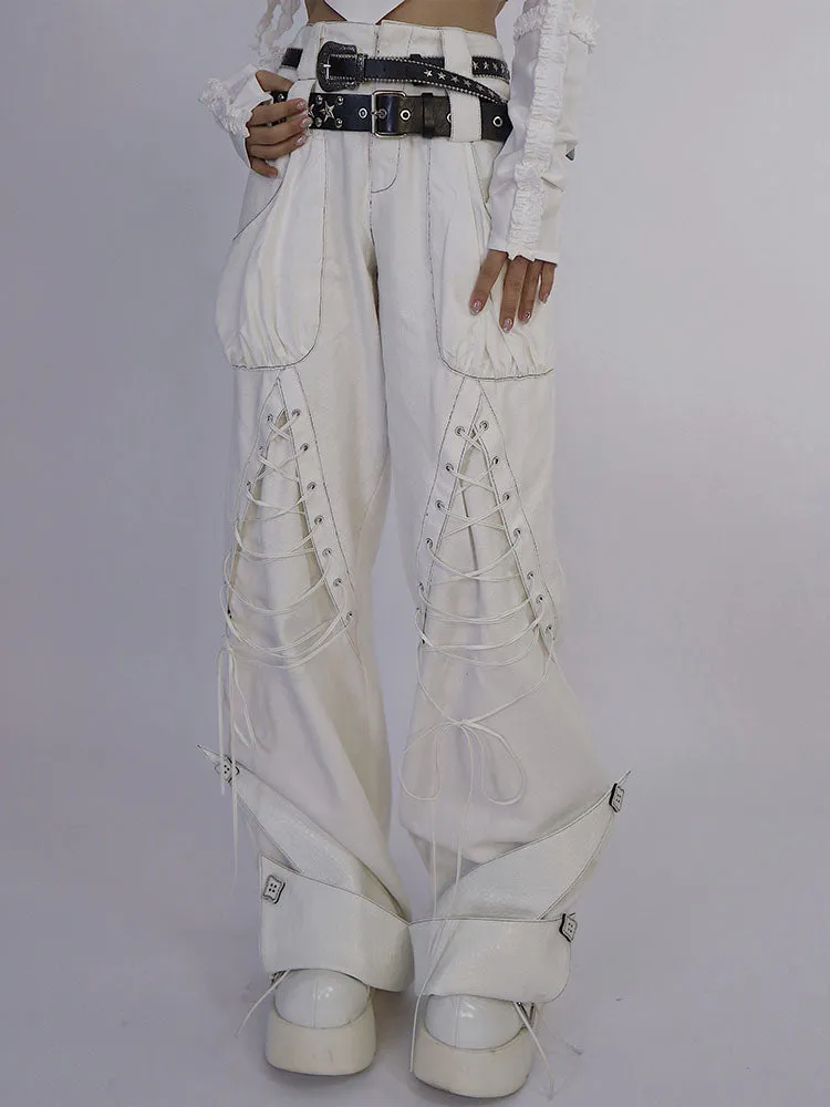 Lace-up Wide-leg men's-like Sporty Pants