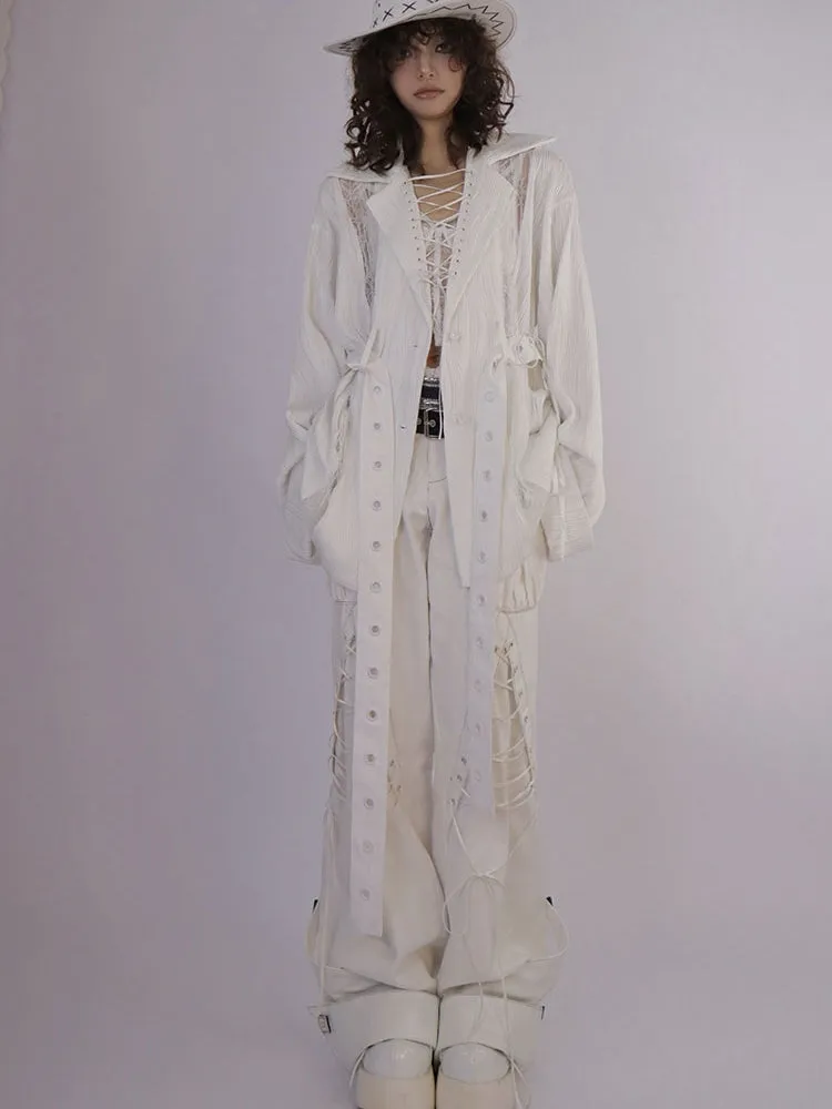 Lace-up Wide-leg men's-like Sporty Pants