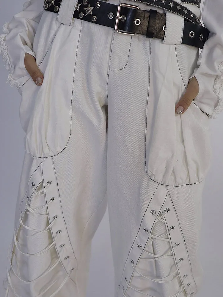 Lace-up Wide-leg men's-like Sporty Pants