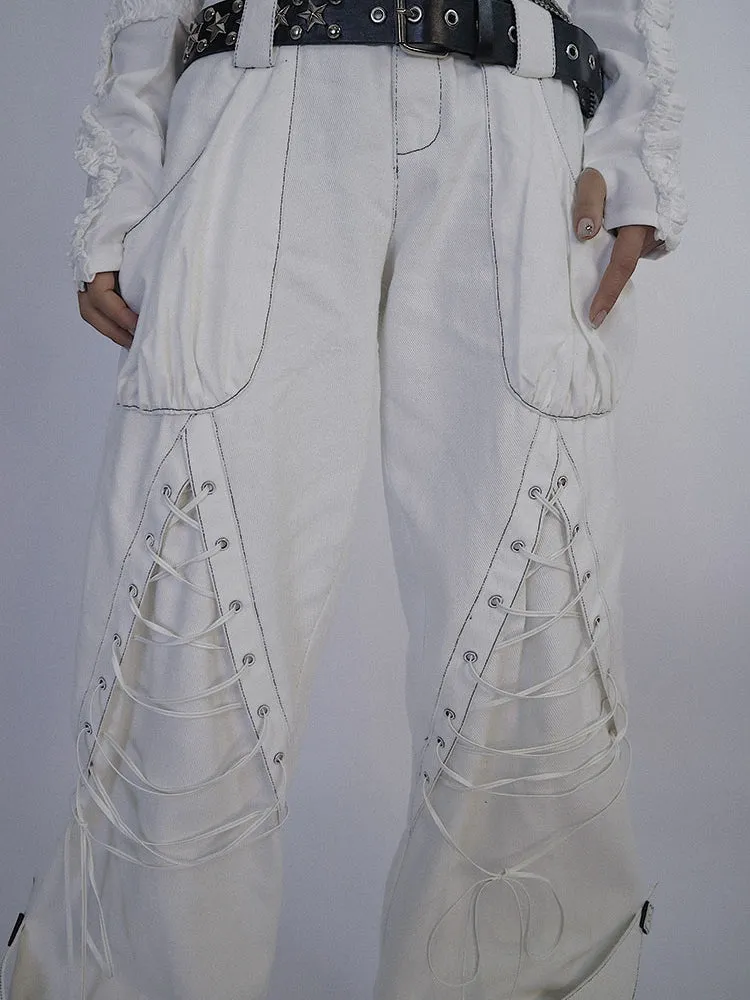 Lace-up Wide-leg men's-like Sporty Pants