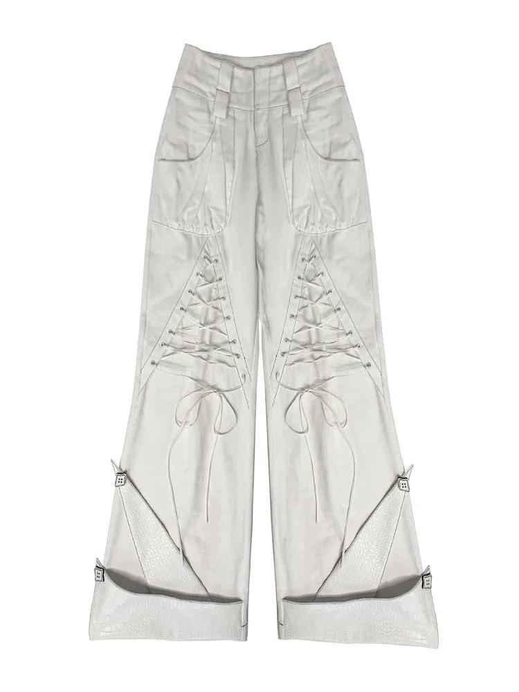 Lace-up Wide-leg men's-like Sporty Pants