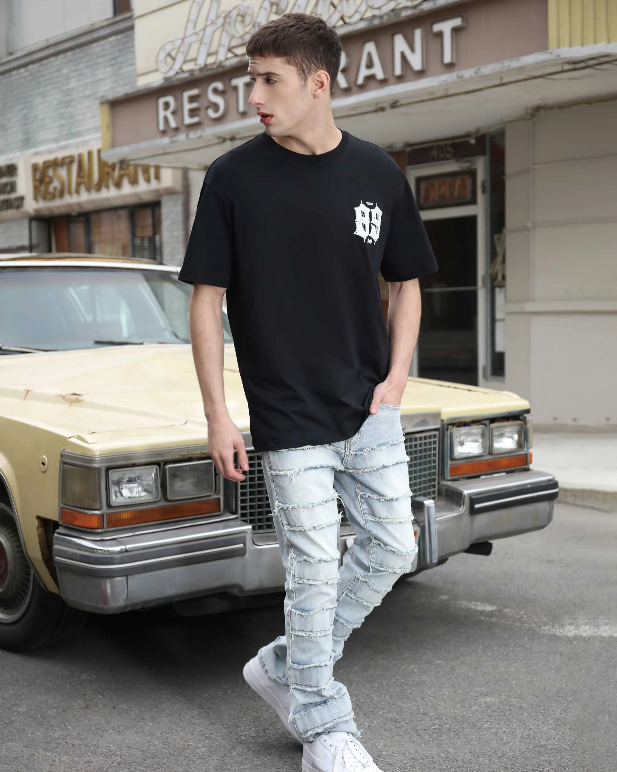 Light Wash Blue Layered and Ripped Baggy Jeans