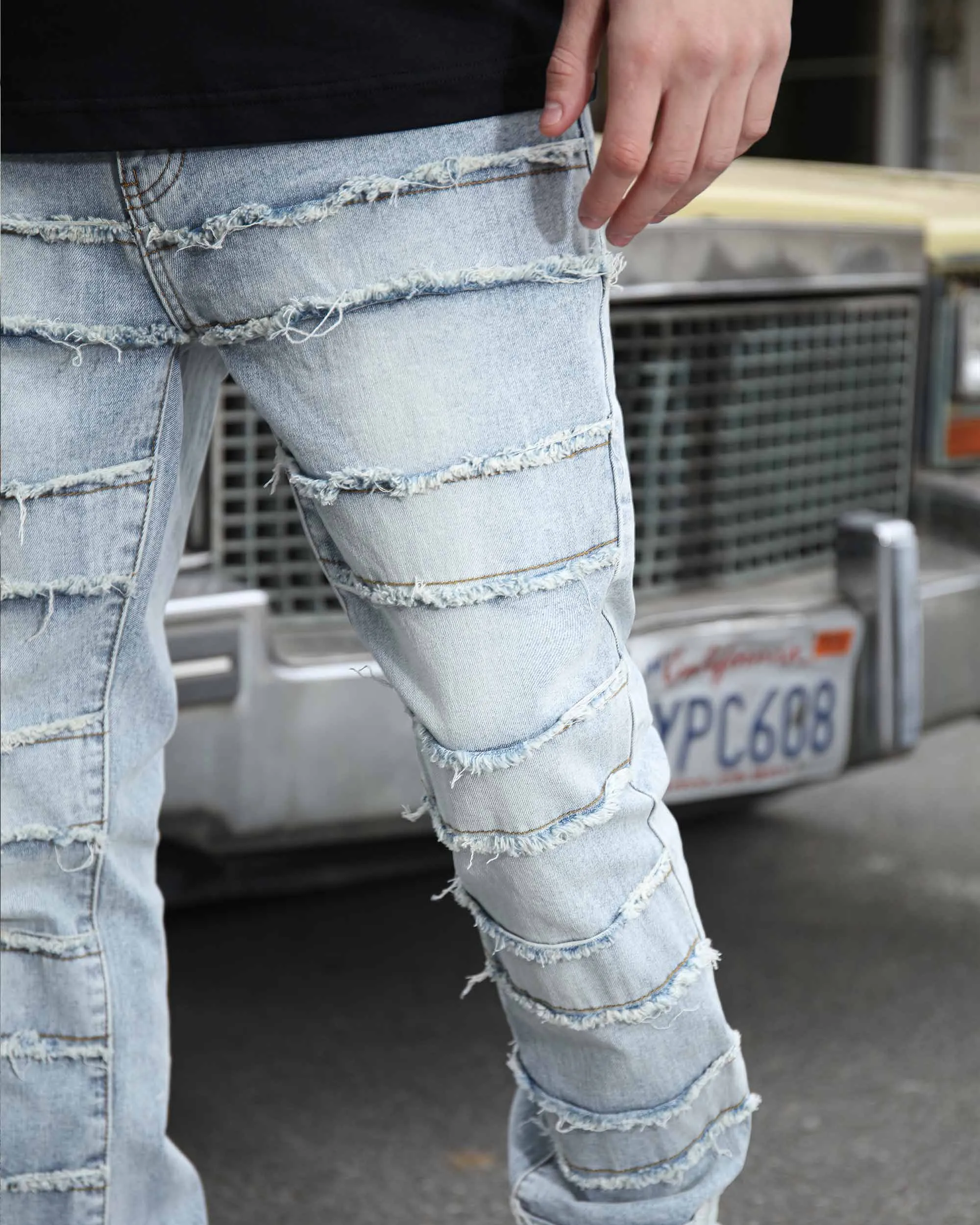 Light Wash Blue Layered and Ripped Baggy Jeans