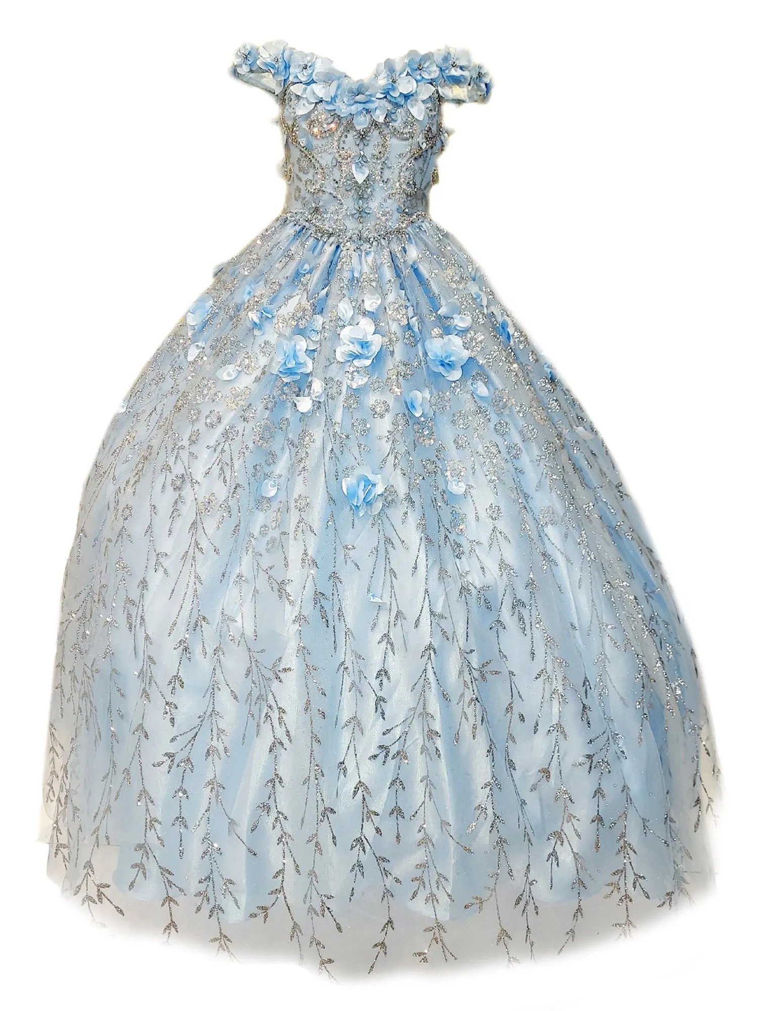 Little Girls Blue Rhinestone Flower Applique Off Shoulder Ball Gown 3-6