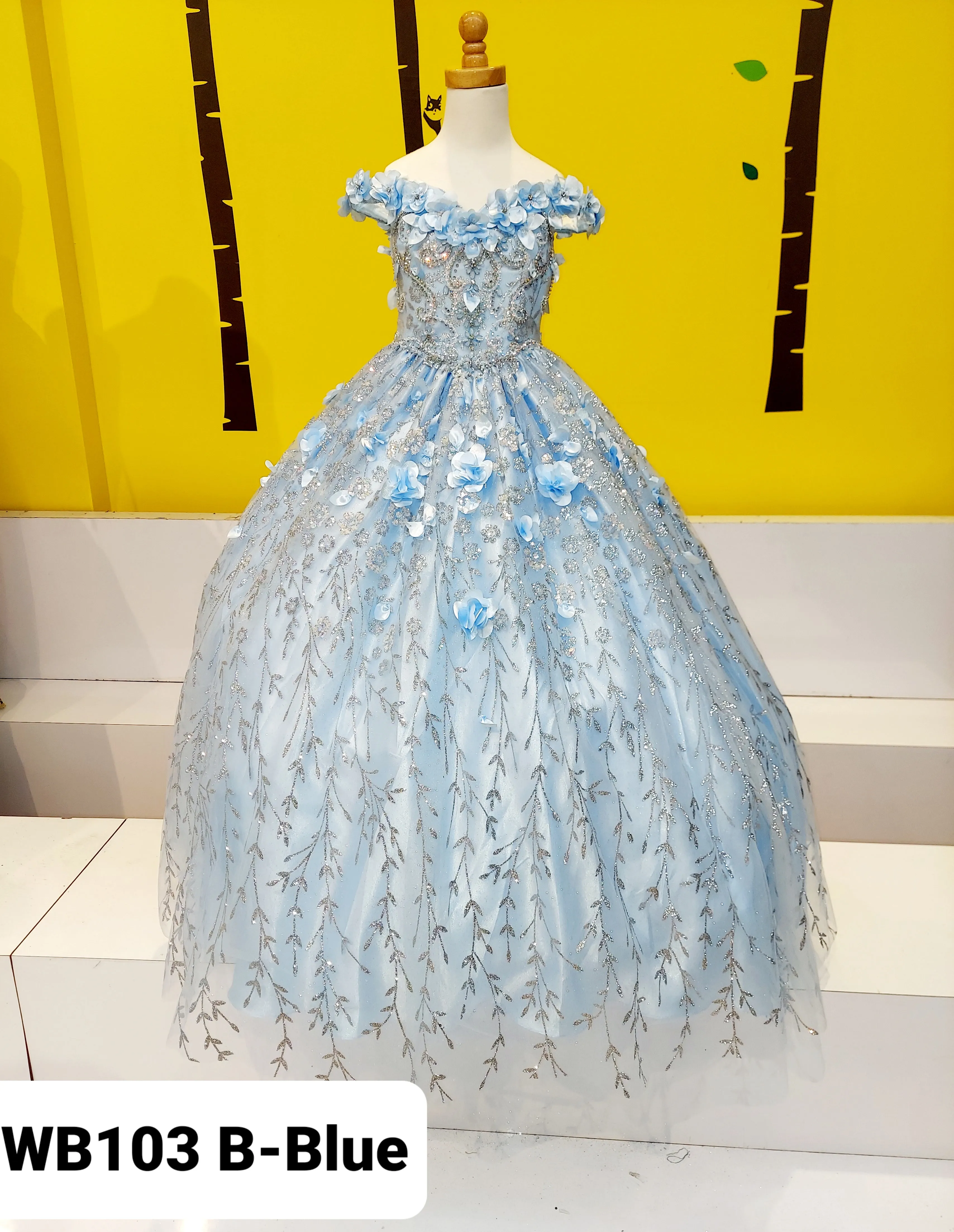 Little Girls Blue Rhinestone Flower Applique Off Shoulder Ball Gown 3-6