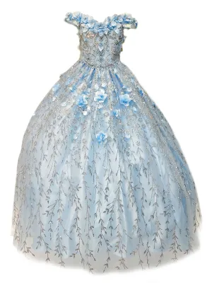 Little Girls Blue Rhinestone Flower Applique Off Shoulder Ball Gown 3-6