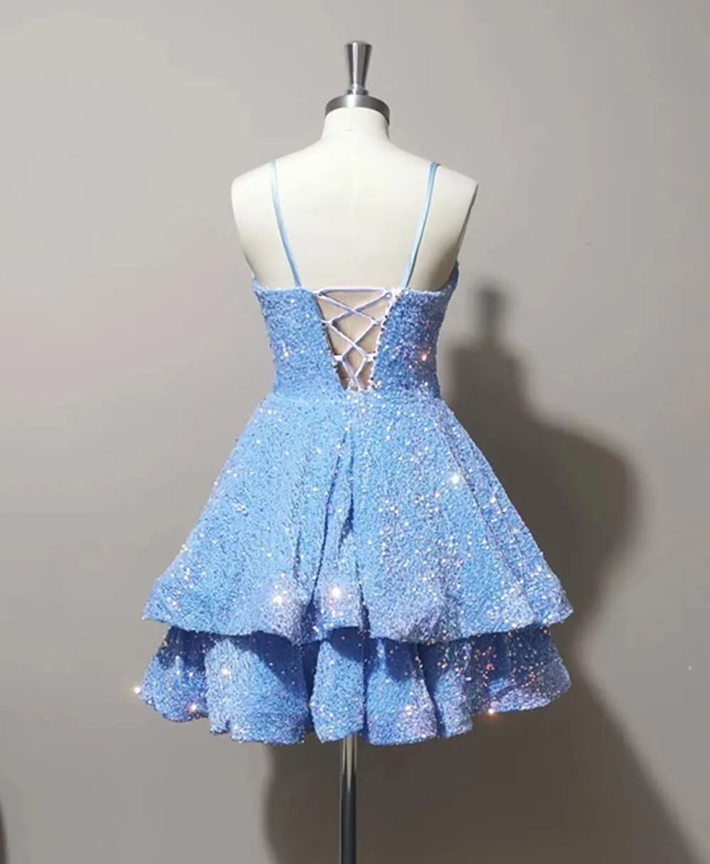 Luolandi Homecoming Dresses A Line Open Back Spaghetti Straps Sequin Short/Mini Sparkly
