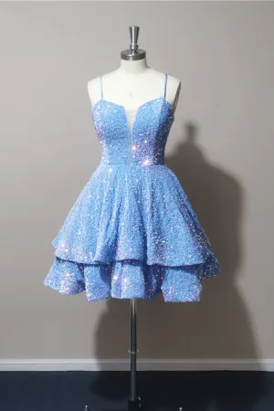Luolandi Homecoming Dresses A Line Open Back Spaghetti Straps Sequin Short/Mini Sparkly