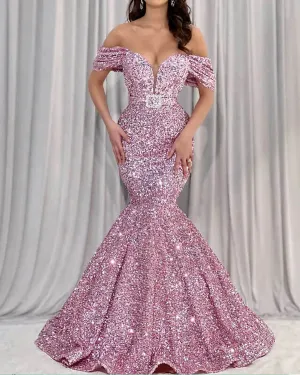Luolandi Mermaid Dusty Pink Sequin Off-shoulder Dress Evening Dresses Prom Dresses Sparkly