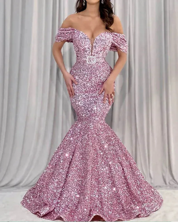 Luolandi Mermaid Dusty Pink Sequin Off-shoulder Dress Evening Dresses Prom Dresses Sparkly