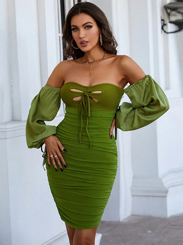 Lynne Black Off-the-Shoulder Puff Sleeve Short Dress