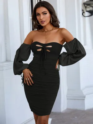 Lynne Black Off-the-Shoulder Puff Sleeve Short Dress