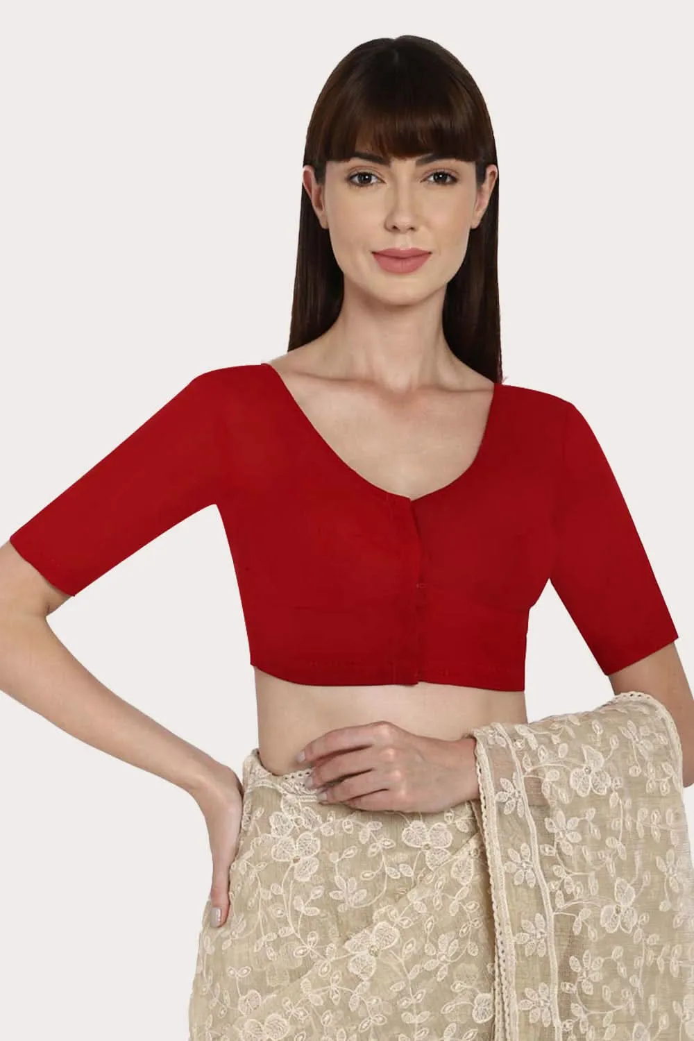 Naidu Hall Full Coverage Non-Wired Non-Padded Round Neck Long Sleeve Cotton Blouse  - Dark Red