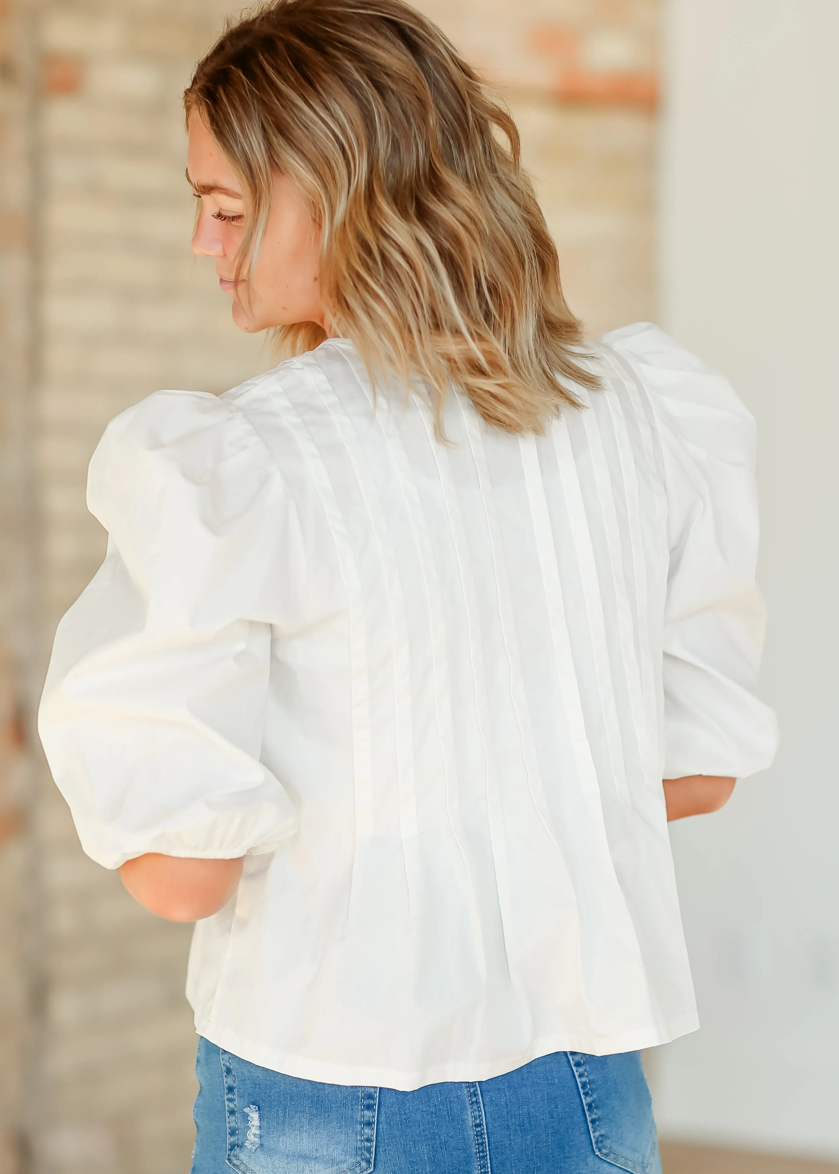 Pleated Cotton 3/4 Sleeve Top