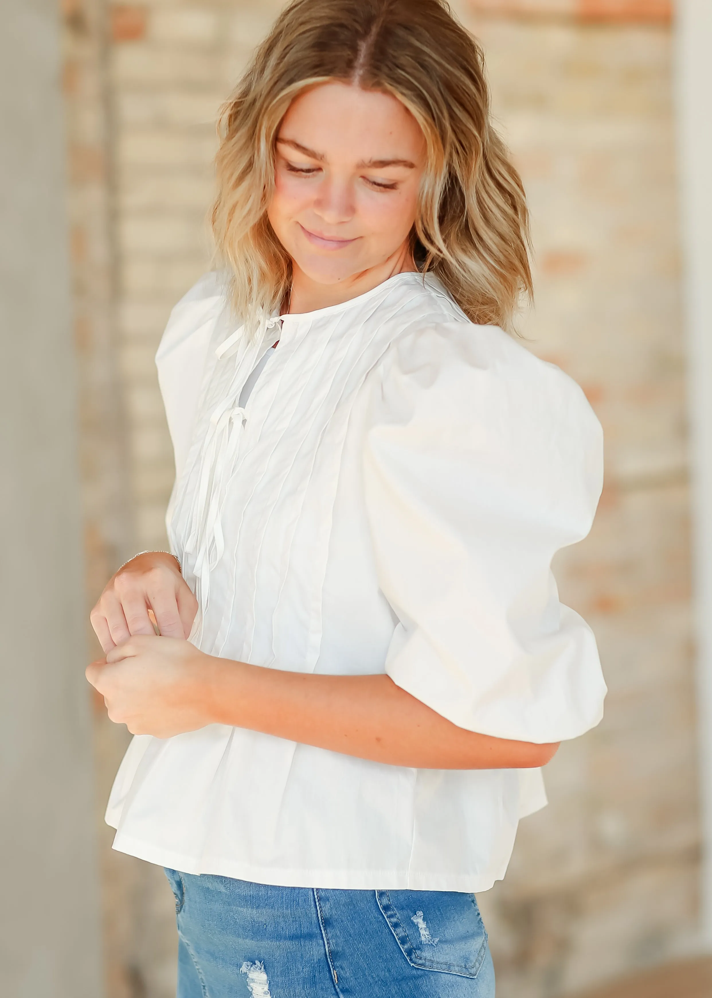 Pleated Cotton 3/4 Sleeve Top