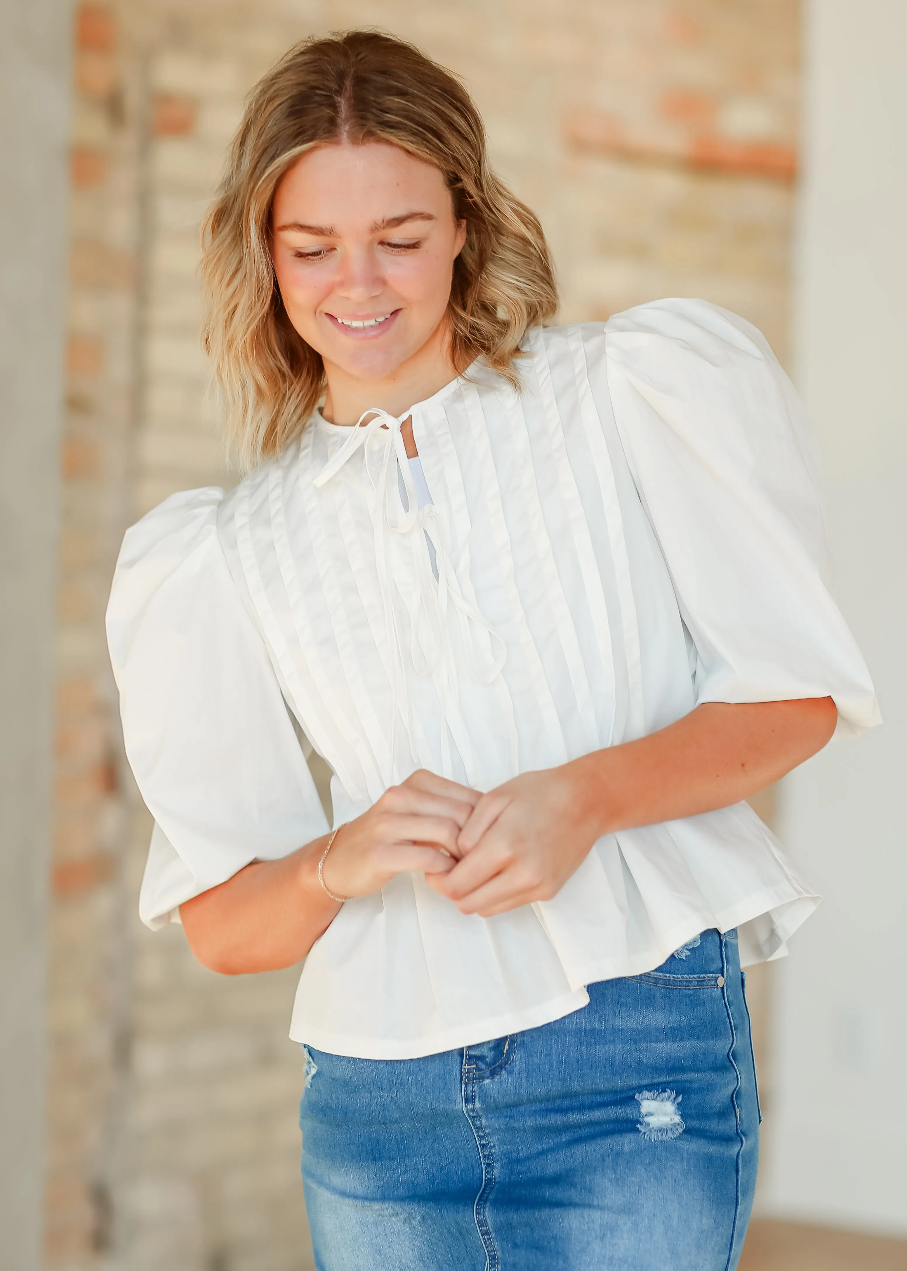 Pleated Cotton 3/4 Sleeve Top