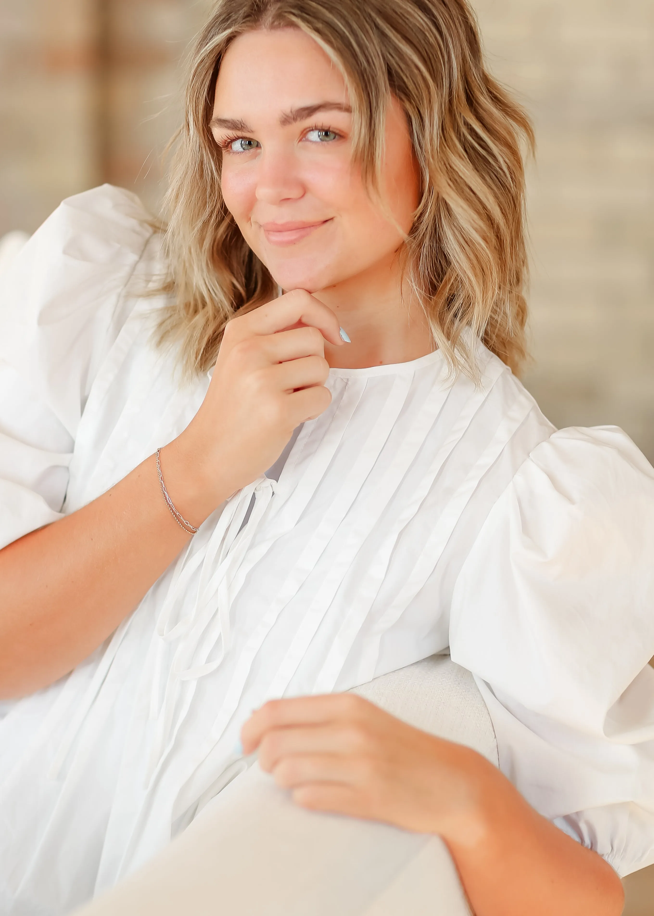 Pleated Cotton 3/4 Sleeve Top