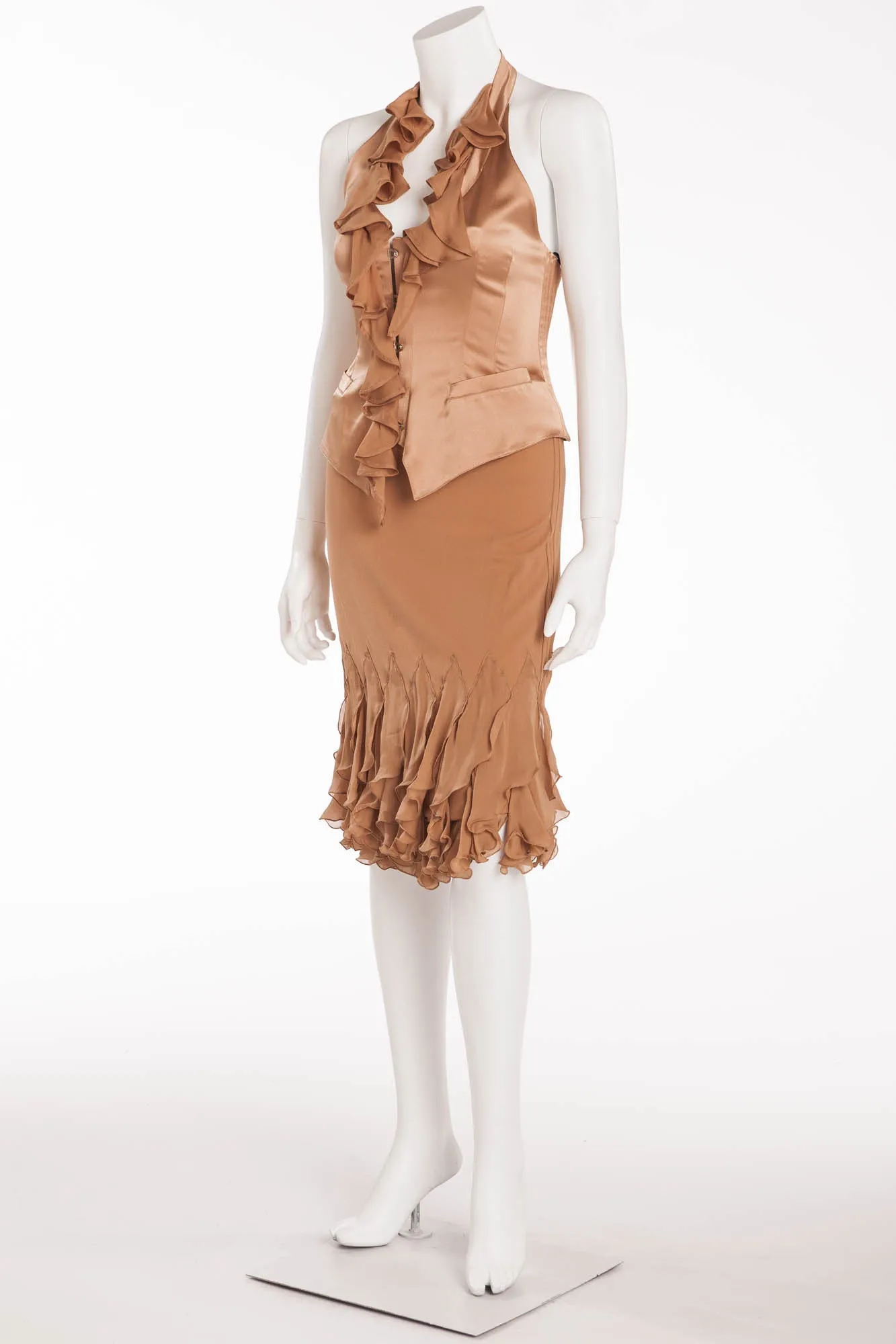 Roberto Cavalli - 2PC Taupe Satin Bustier and Skirt with Ruffles - S
