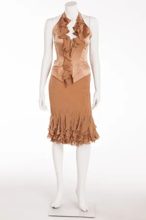 Roberto Cavalli - 2PC Taupe Satin Bustier and Skirt with Ruffles - S