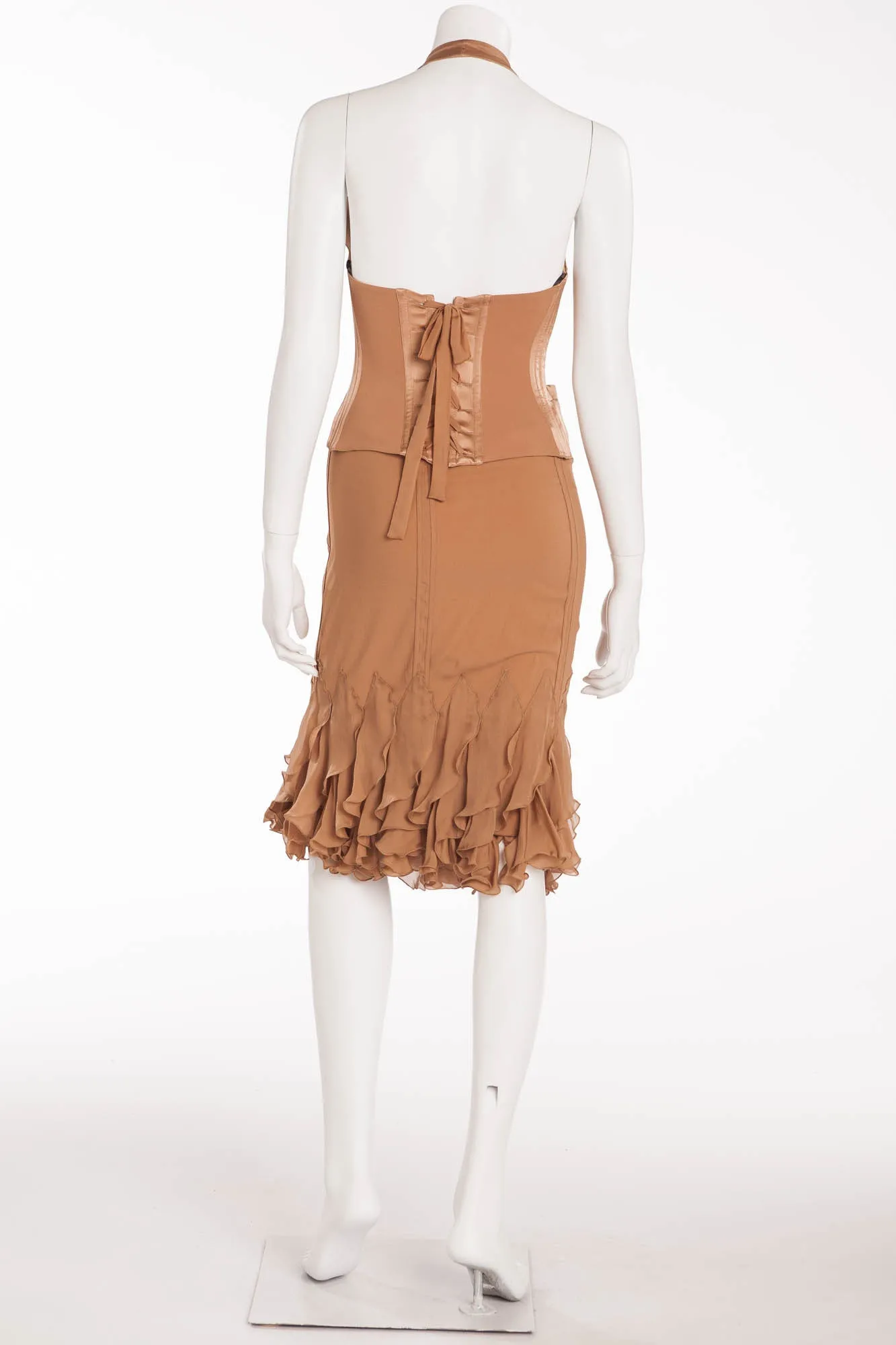 Roberto Cavalli - 2PC Taupe Satin Bustier and Skirt with Ruffles - S