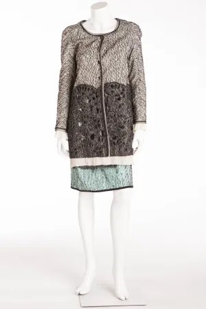 Rochas - 3PC Gray Button up Jacket with Eyelets & Turquoise & Black Spaghetti Strap Top, Dress and Skirt