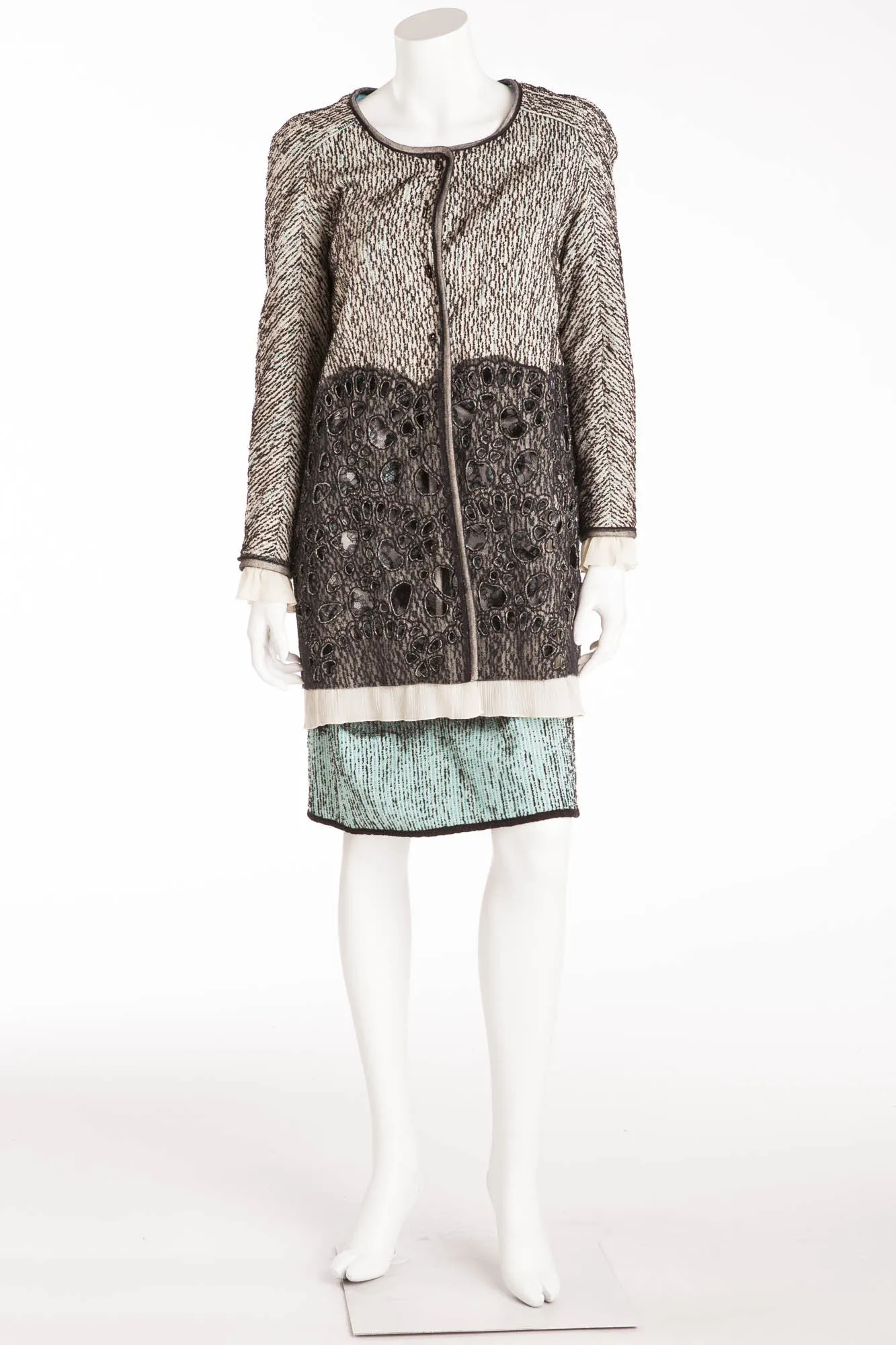 Rochas - 3PC Gray Button up Jacket with Eyelets & Turquoise & Black Spaghetti Strap Top, Dress and Skirt