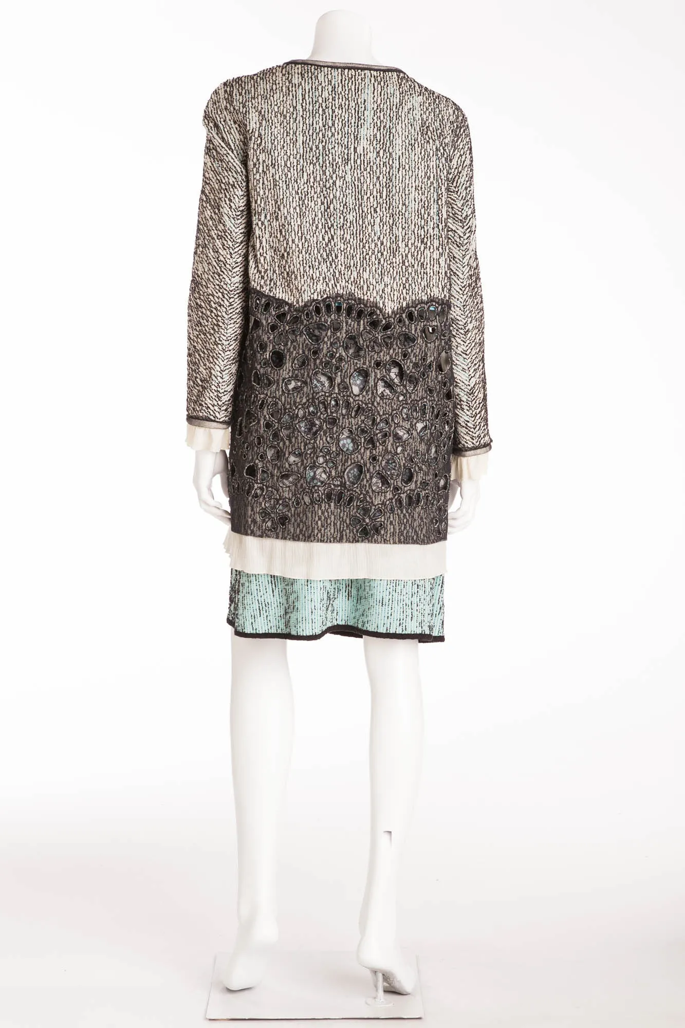 Rochas - 3PC Gray Button up Jacket with Eyelets & Turquoise & Black Spaghetti Strap Top, Dress and Skirt