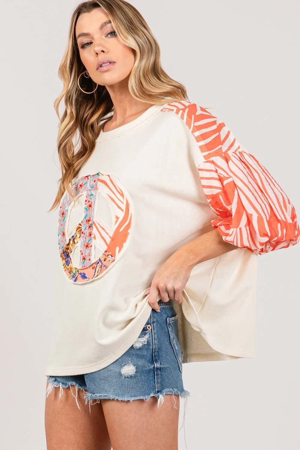 SAGE   FIG Peace Applique Patch with Zebra Print Contrast Top